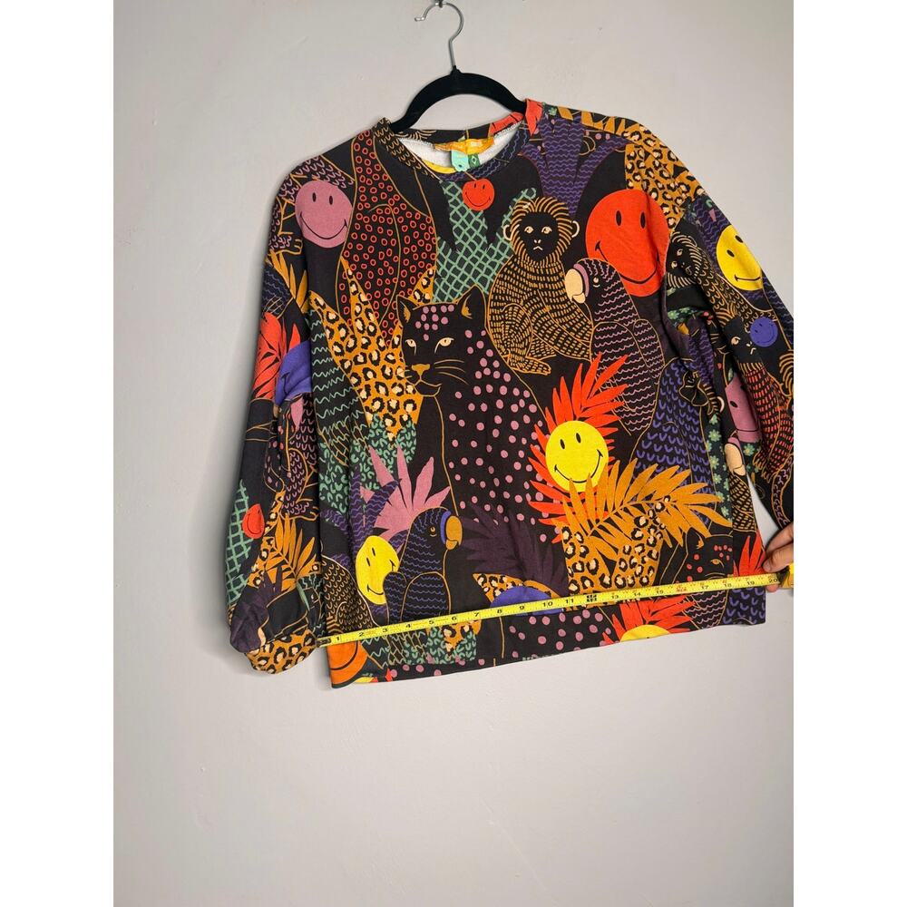 Farm Rio Multicolor Mixed Print Sweater Pop Jungle Smiley Small Boho Patchwork - Picture 6 of 6